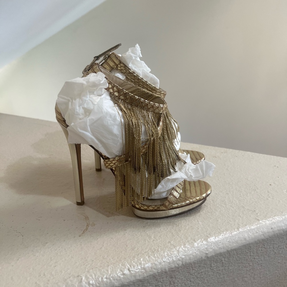 Brian Atwood Gold Fringe Sexy Heels Holiday Party Christmas New Year shoes 7 - Picture 3 of 8
